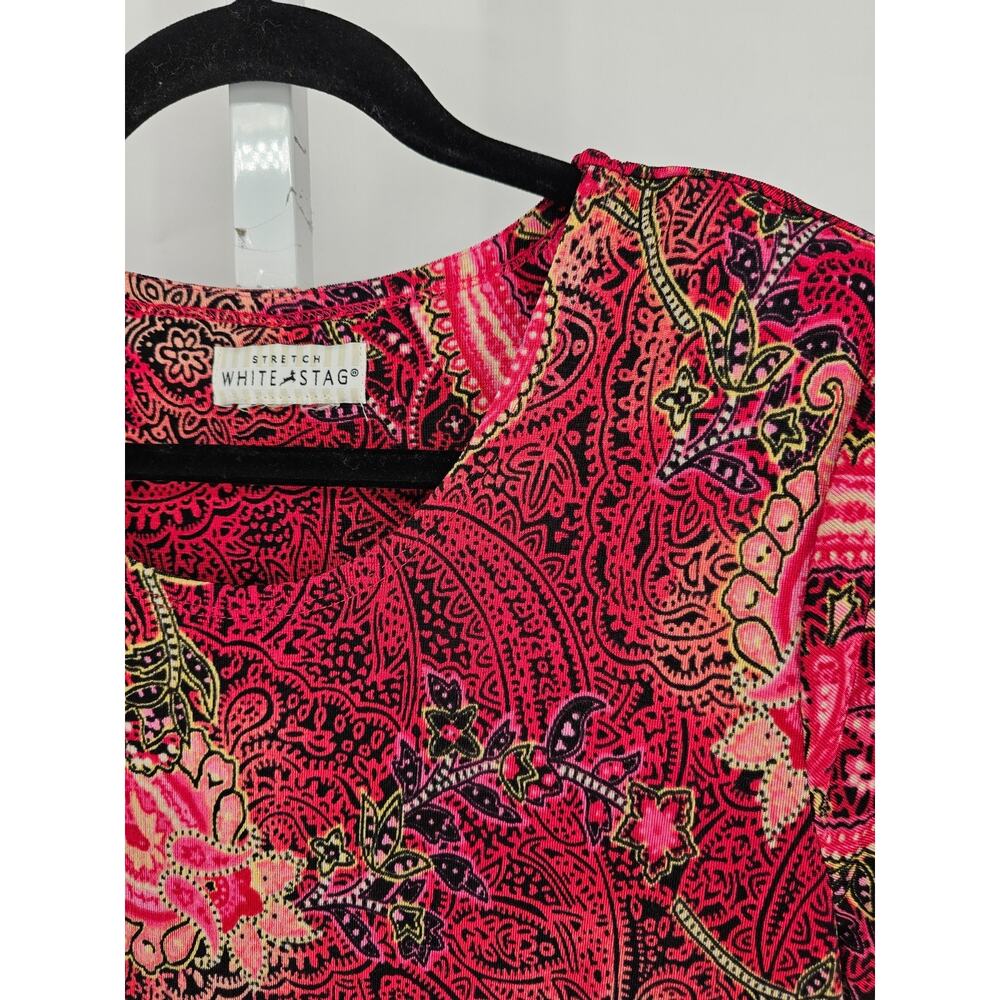 White Stag Womens Sz L Midi Length Dress Pink Paisley Print Slinky Short Sleeve - Picture 2 of 3